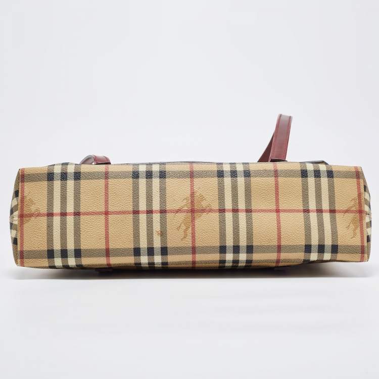 Pre Owned Burberry Beige/Burgundy Haymarket PVC and Leather Flap Tote