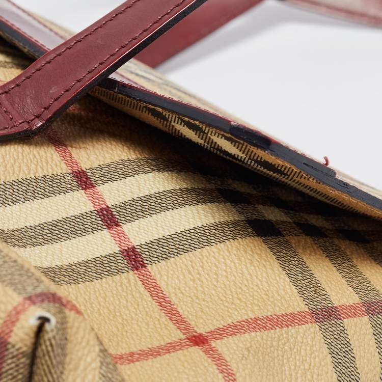 Pre Owned Burberry Beige/Burgundy Haymarket PVC and Leather Flap Tote