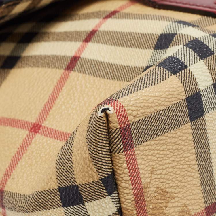 Pre Owned Burberry Beige/Burgundy Haymarket PVC and Leather Flap Tote