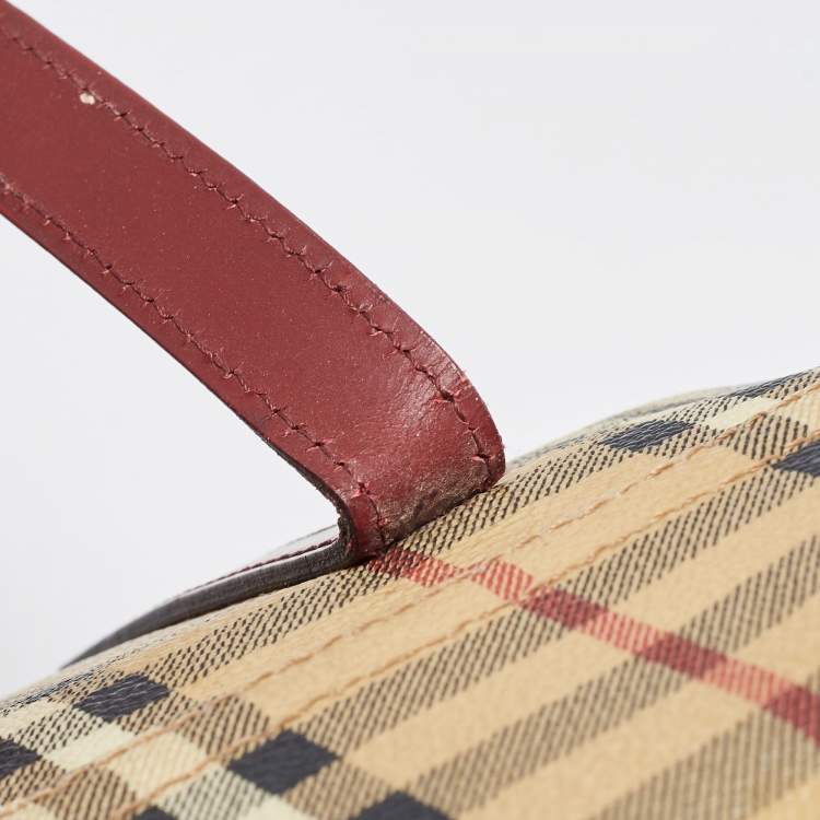 Pre Owned Burberry Beige/Burgundy Haymarket PVC and Leather Flap Tote