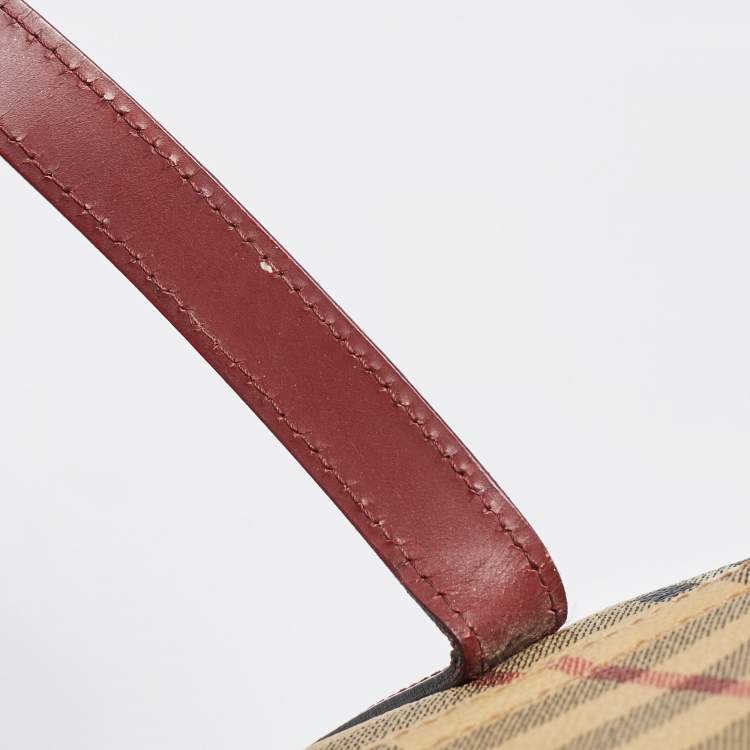 Pre Owned Burberry Beige/Burgundy Haymarket PVC and Leather Flap Tote