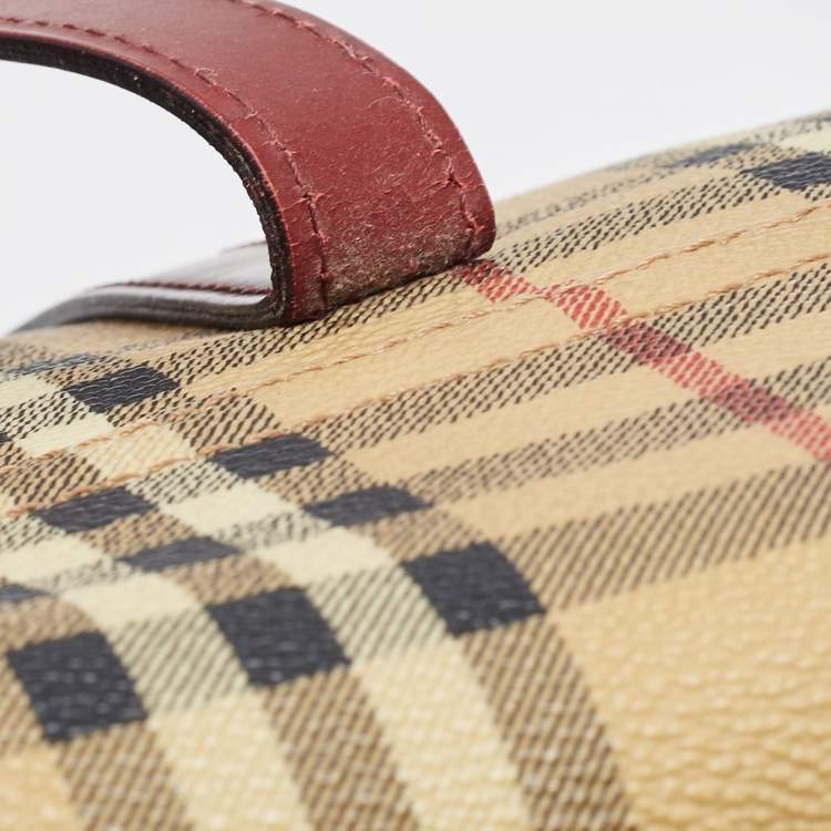 Pre Owned Burberry Beige/Burgundy Haymarket PVC and Leather Flap Tote