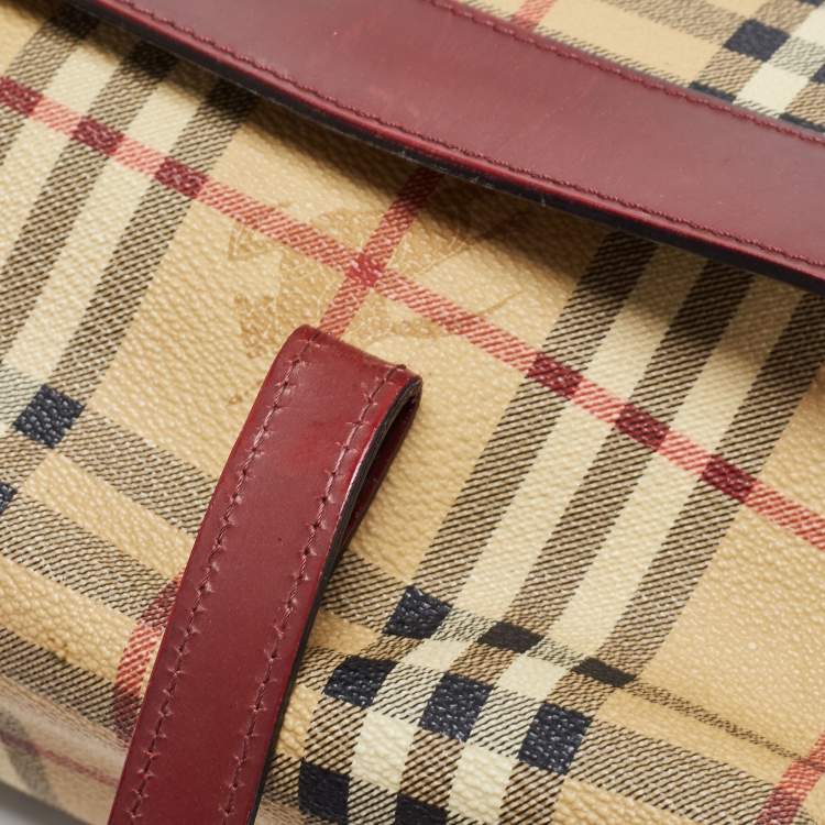 Pre Owned Burberry Beige/Burgundy Haymarket PVC and Leather Flap Tote