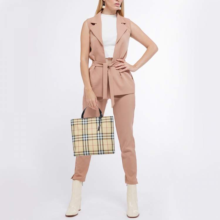 Pre Owned Burberry Beige Nova Check Coated Canvas and Leather Tote
