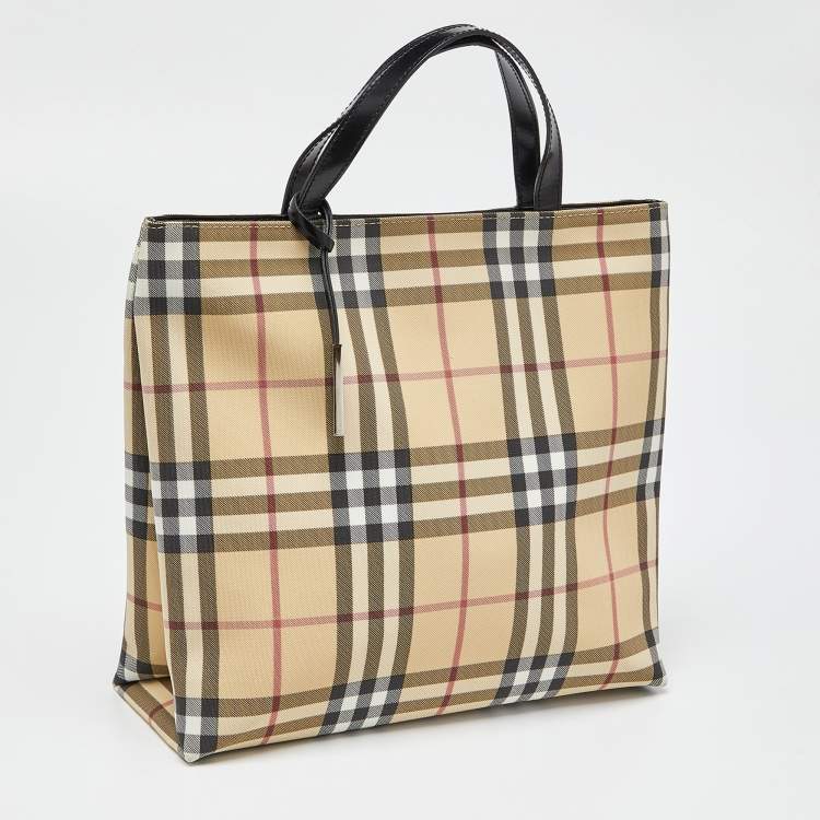 Pre Owned Burberry Beige Nova Check Coated Canvas and Leather Tote