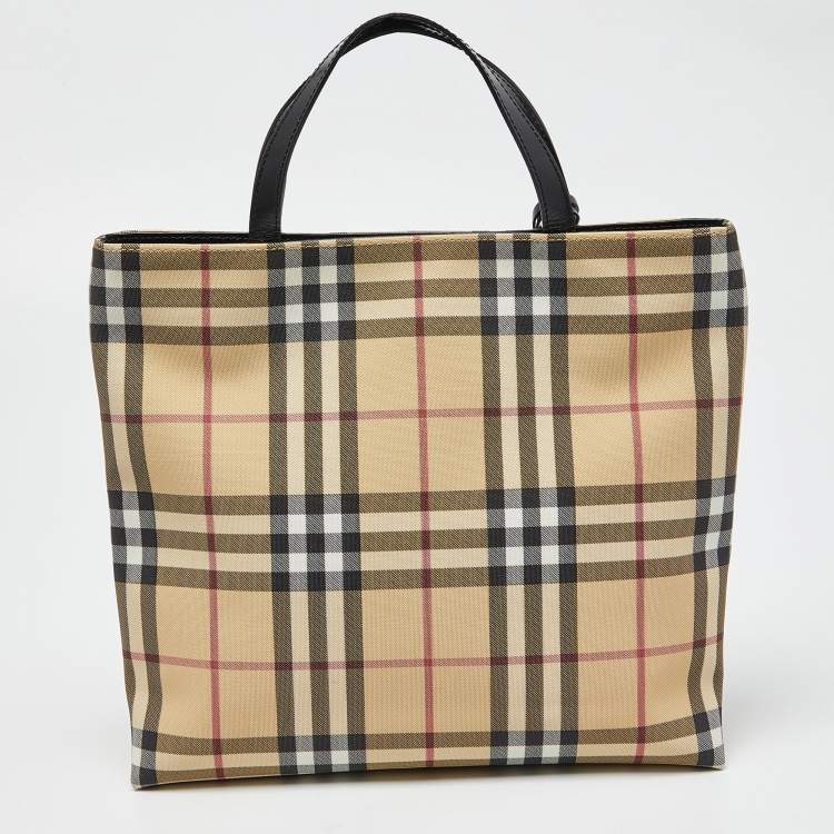 Pre Owned Burberry Beige Nova Check Coated Canvas and Leather Tote