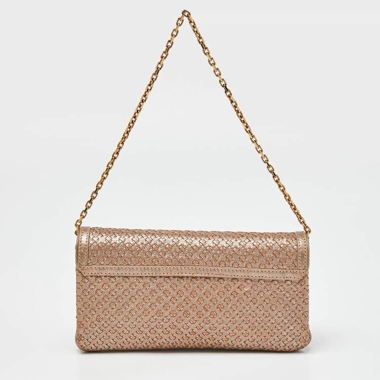Pre Owned Burberry Gold Woven Leather Flap Chain Shoulder Bag