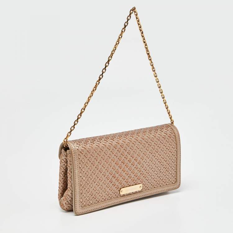 Pre Owned Burberry Gold Woven Leather Flap Chain Shoulder Bag