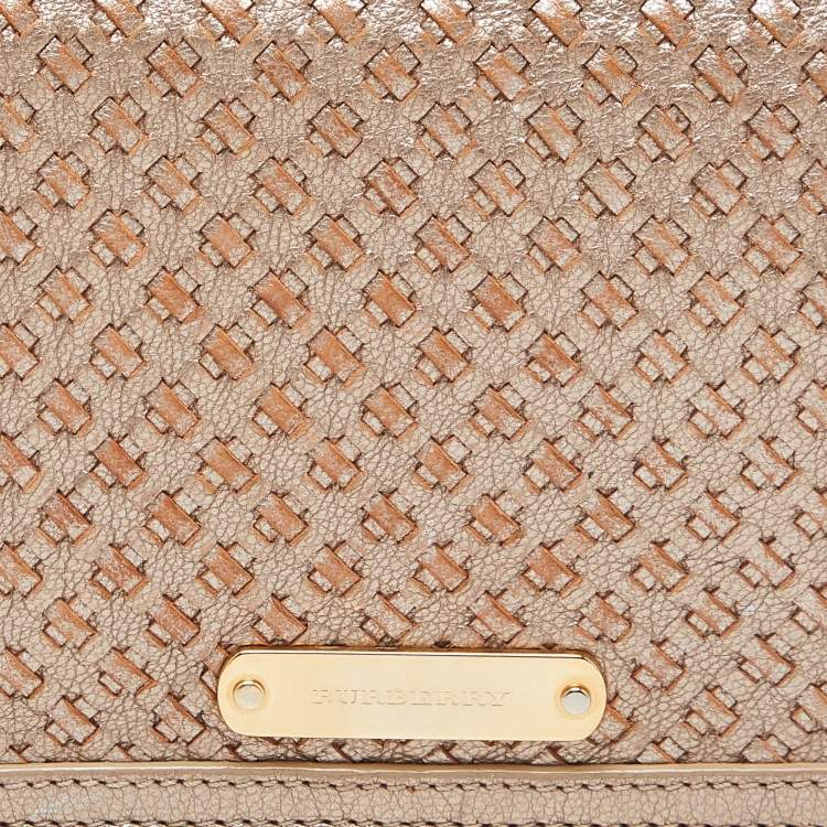 Pre Owned Burberry Gold Woven Leather Flap Chain Shoulder Bag