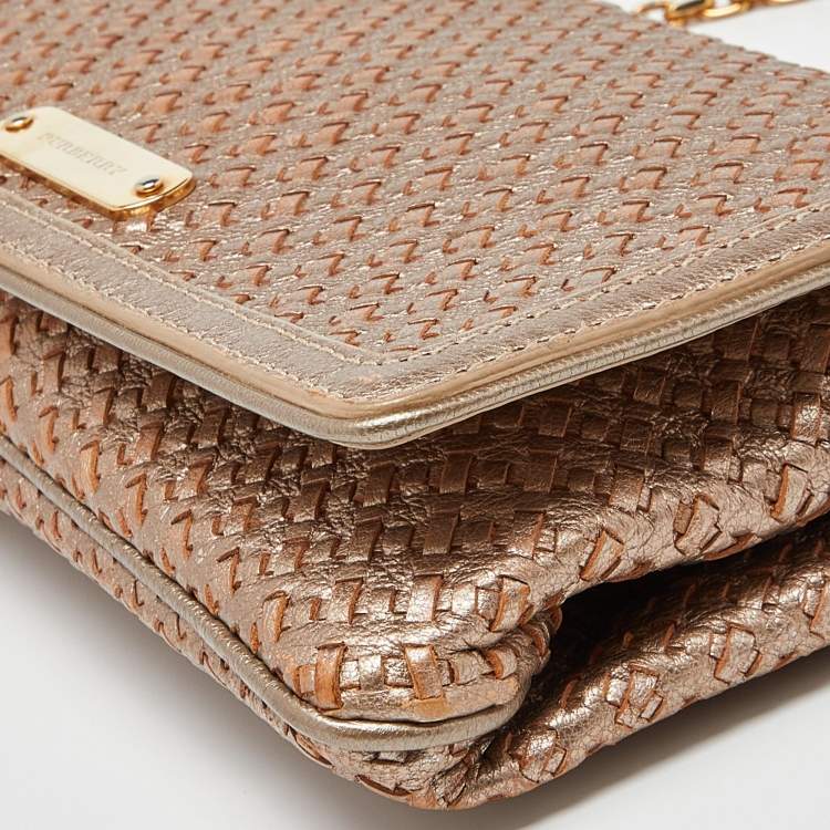 Pre Owned Burberry Gold Woven Leather Flap Chain Shoulder Bag