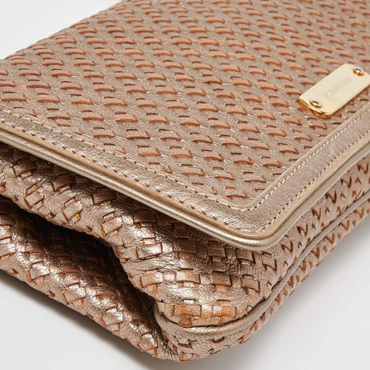Pre Owned Burberry Gold Woven Leather Flap Chain Shoulder Bag