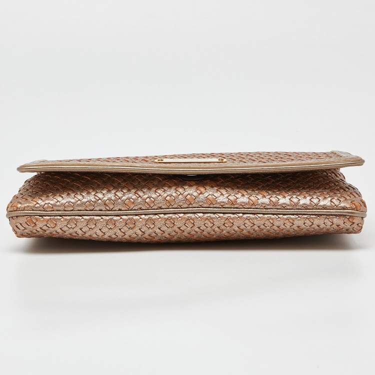 Pre Owned Burberry Gold Woven Leather Flap Chain Shoulder Bag