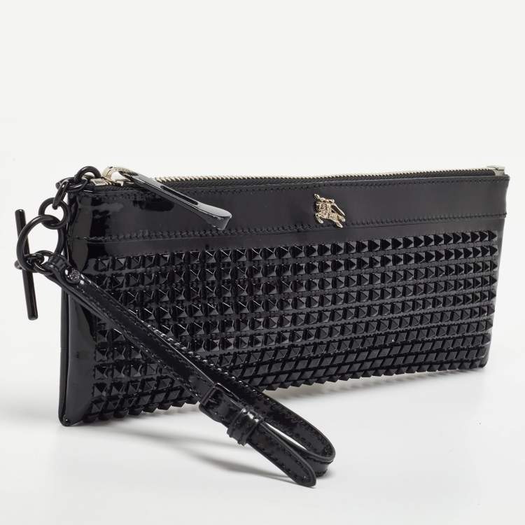 Pre Owned Burberry Black Patent Leather Hyde Studded Wristlet Clutch