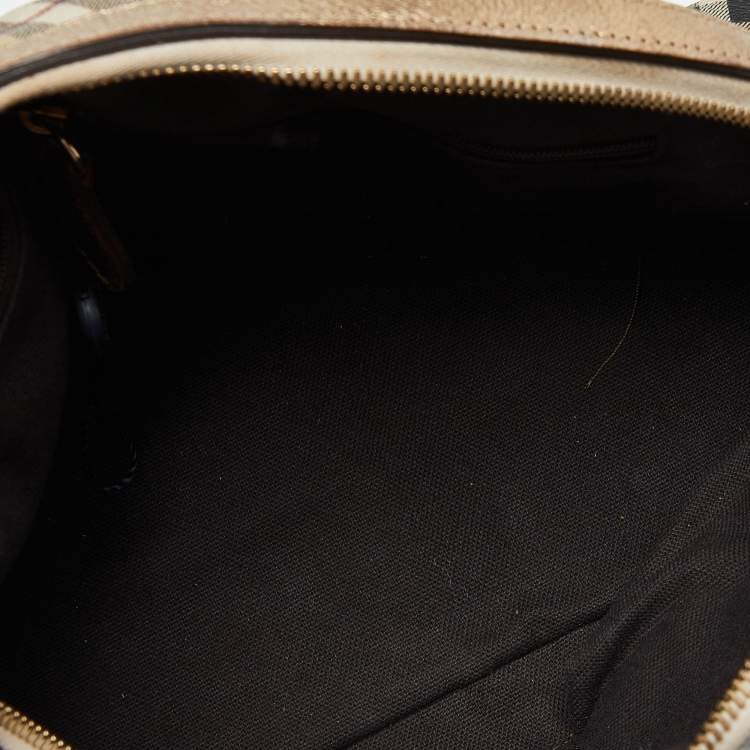 Pre Owned Burberry Gold/Beige Haymarket Check PVC and Leather Thornley Satchel