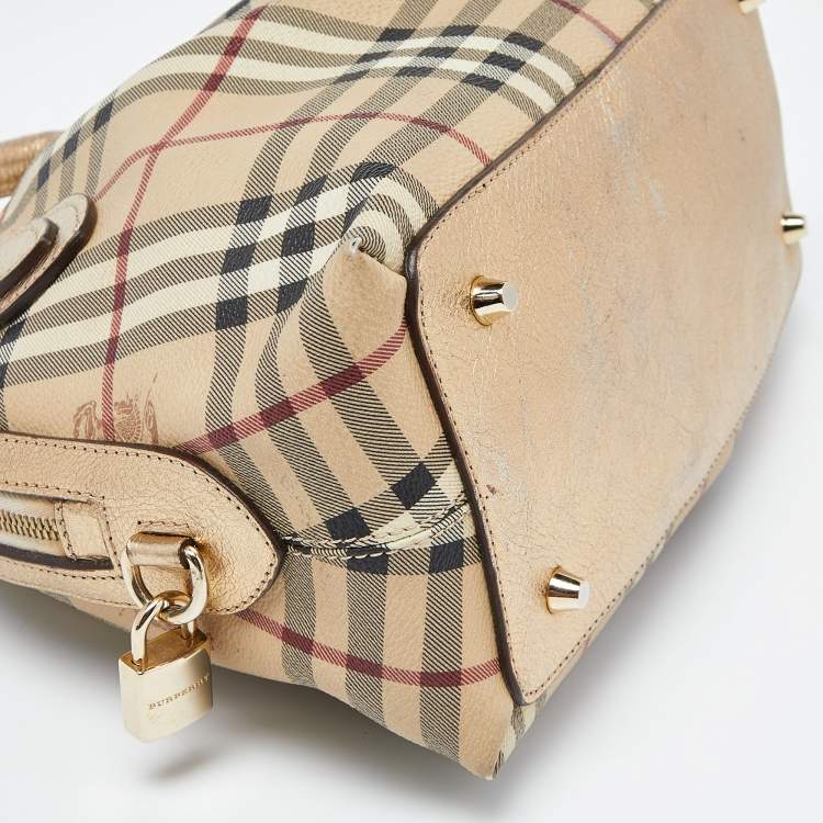 Pre Owned Burberry Gold/Beige Haymarket Check PVC and Leather Thornley Satchel