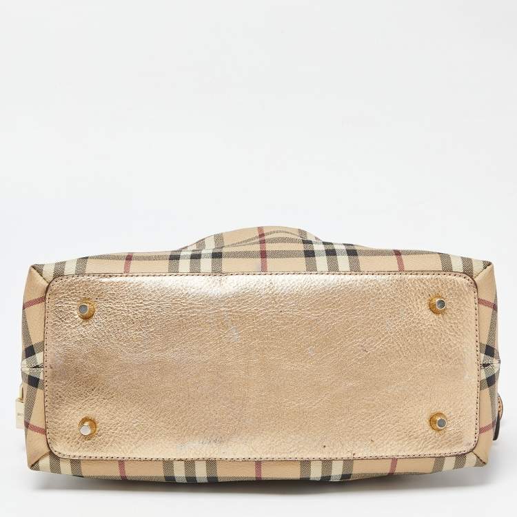 Pre Owned Burberry Gold/Beige Haymarket Check PVC and Leather Thornley Satchel