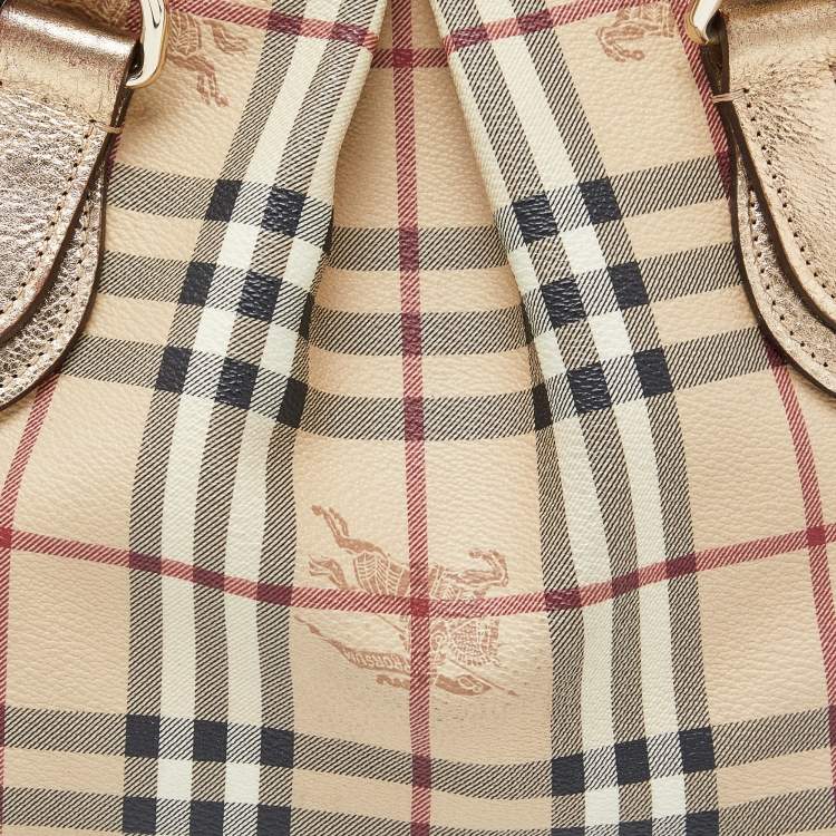 Pre Owned Burberry Gold/Beige Haymarket Check PVC and Leather Thornley Satchel