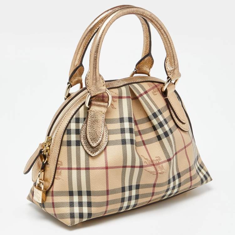 Pre Owned Burberry Gold/Beige Haymarket Check PVC and Leather Thornley Satchel