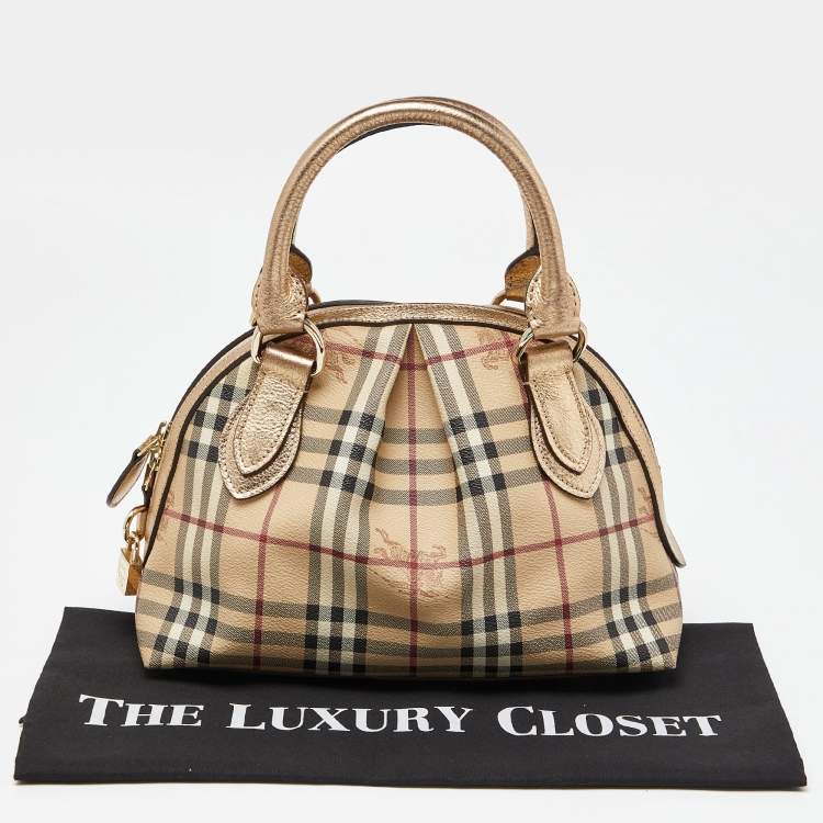 Pre Owned Burberry Gold/Beige Haymarket Check PVC and Leather Thornley Satchel