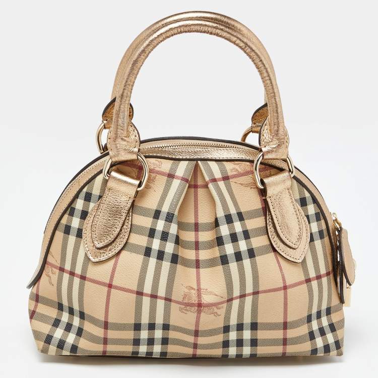 Pre Owned Burberry Gold/Beige Haymarket Check PVC and Leather Thornley Satchel
