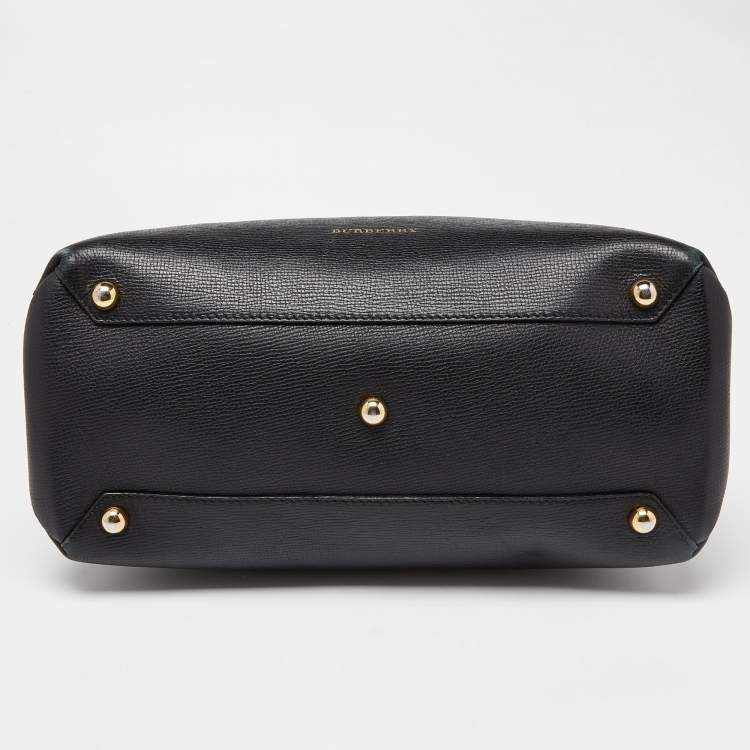 Pre Owned Burberry Black Leather and House Check Fabric Medium Banner Tote