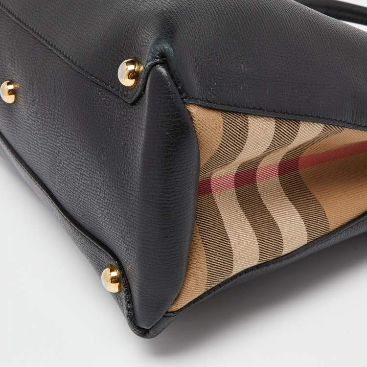 Pre Owned Burberry Black Leather and House Check Fabric Medium Banner Tote