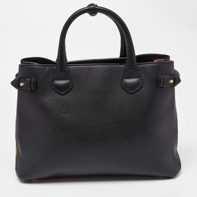 Pre Owned Burberry Black Leather and House Check Fabric Medium Banner Tote