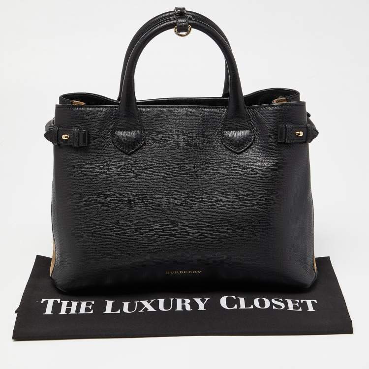 Pre Owned Burberry Black Leather and House Check Fabric Medium Banner Tote