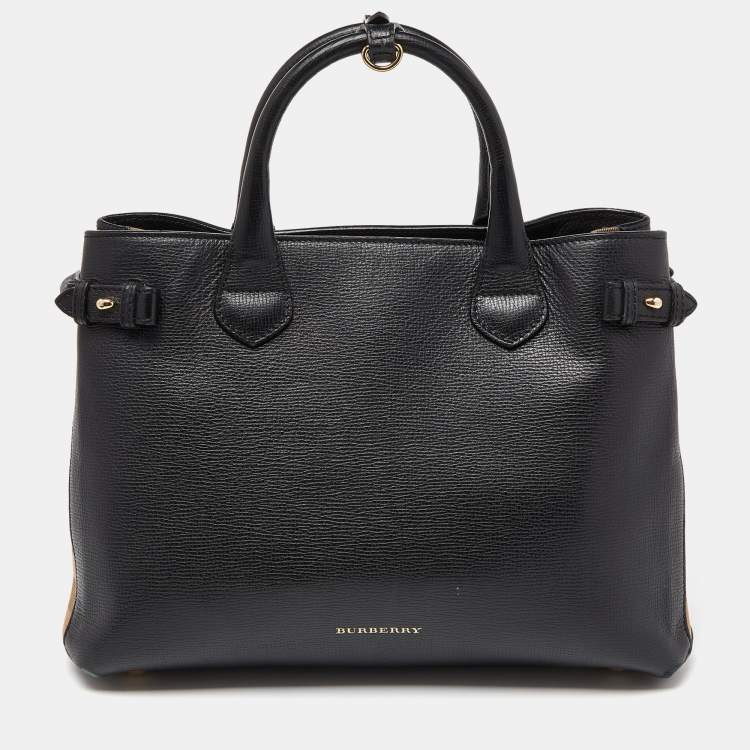 Pre Owned Burberry Black Leather and House Check Fabric Medium Banner Tote