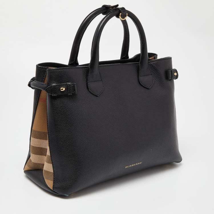 Pre Owned Burberry Black Leather and House Check Fabric Medium Banner Tote
