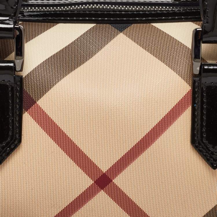 Pre Owned Burberry Beige/Black Nova Check PVC and Patent Leather Chester Boston Bag