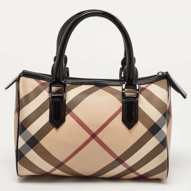 Pre Owned Burberry Beige/Black Nova Check PVC and Patent Leather Chester Boston Bag