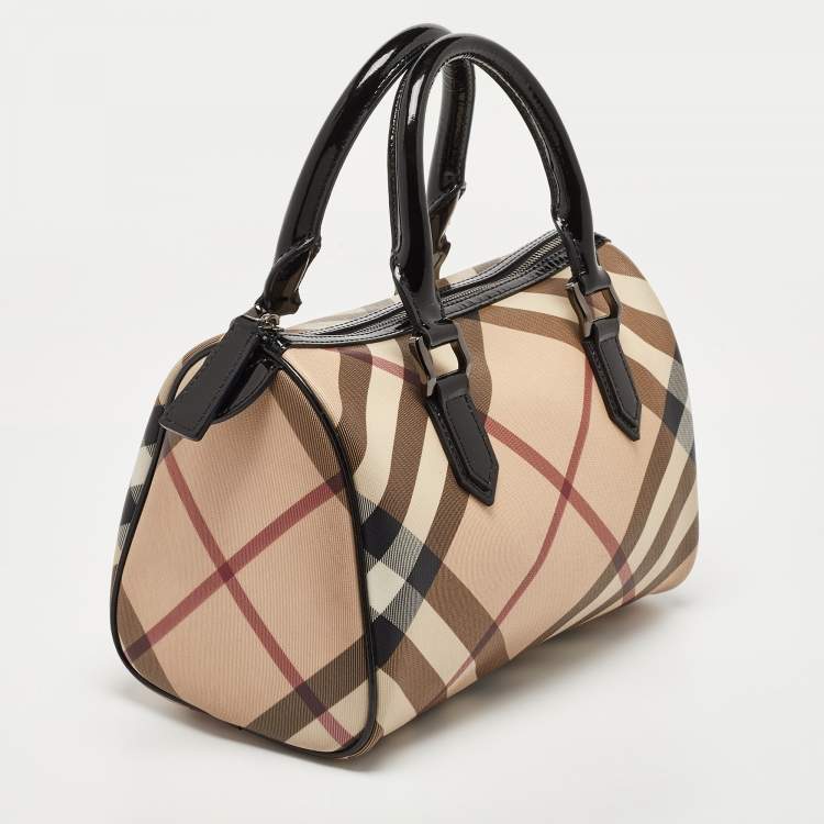 Pre Owned Burberry Beige/Black Nova Check PVC and Patent Leather Chester Boston Bag