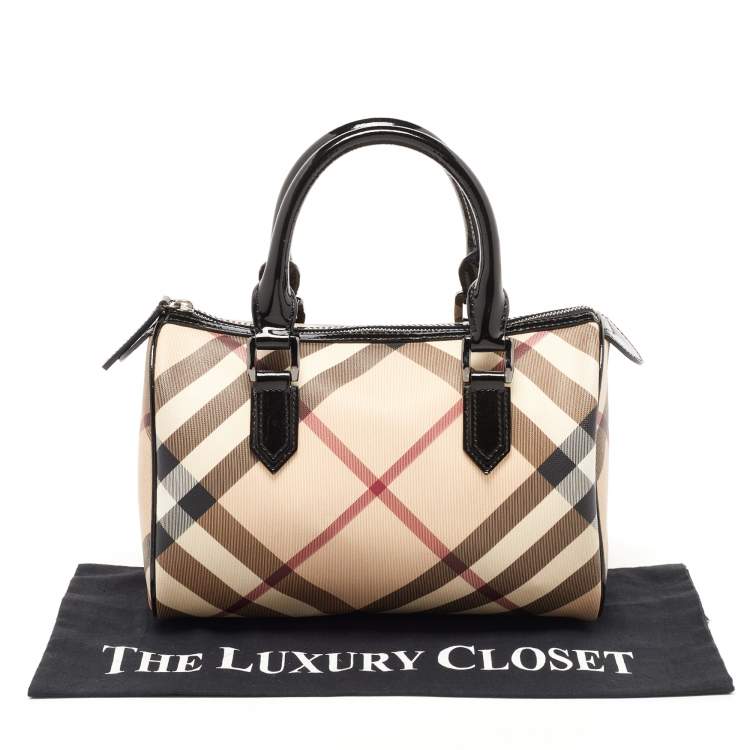 Pre Owned Burberry Beige/Black Nova Check PVC and Patent Leather Chester Boston Bag
