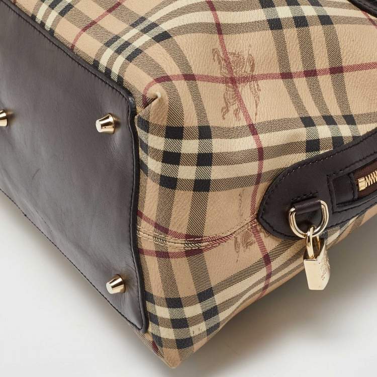 Pre Owned Burberry Beige/Brown Haymarket Check PVC and Leather Thornley Satchel