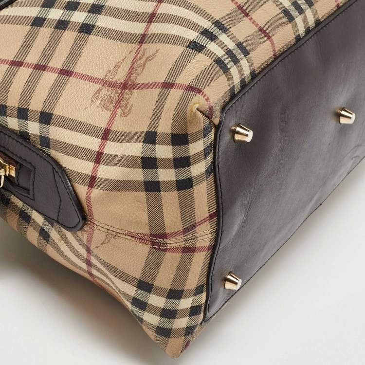 Pre Owned Burberry Beige/Brown Haymarket Check PVC and Leather Thornley Satchel