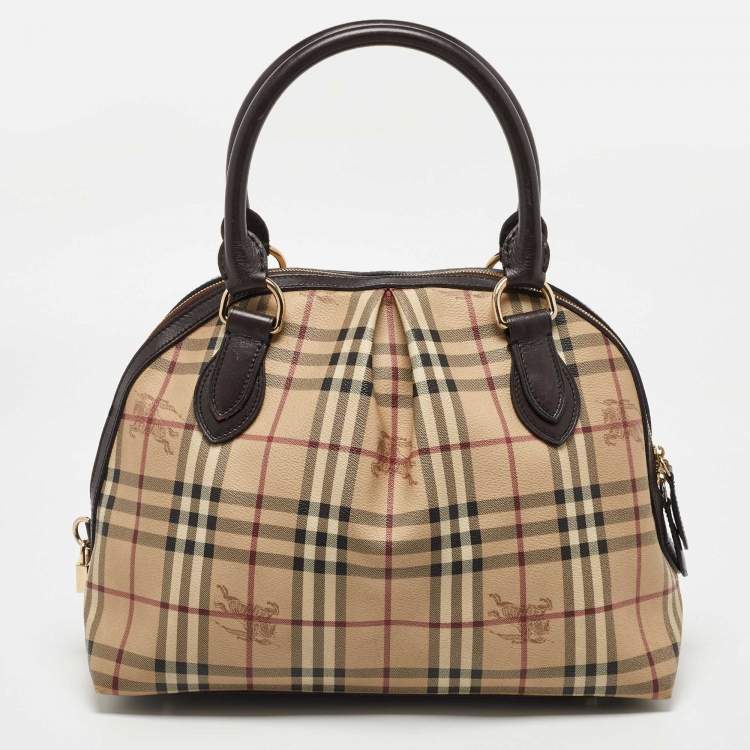 Pre Owned Burberry Beige/Brown Haymarket Check PVC and Leather Thornley Satchel