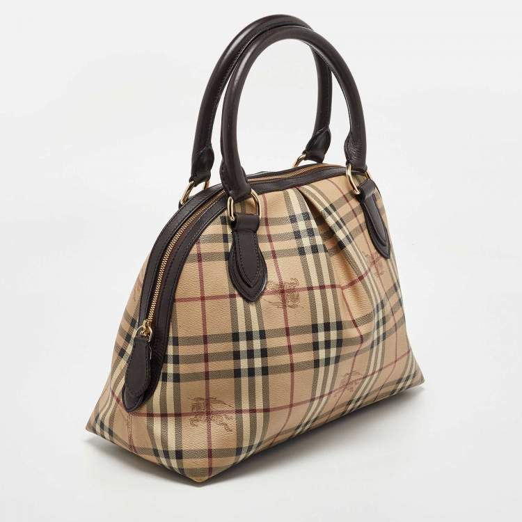 Pre Owned Burberry Beige/Brown Haymarket Check PVC and Leather Thornley Satchel