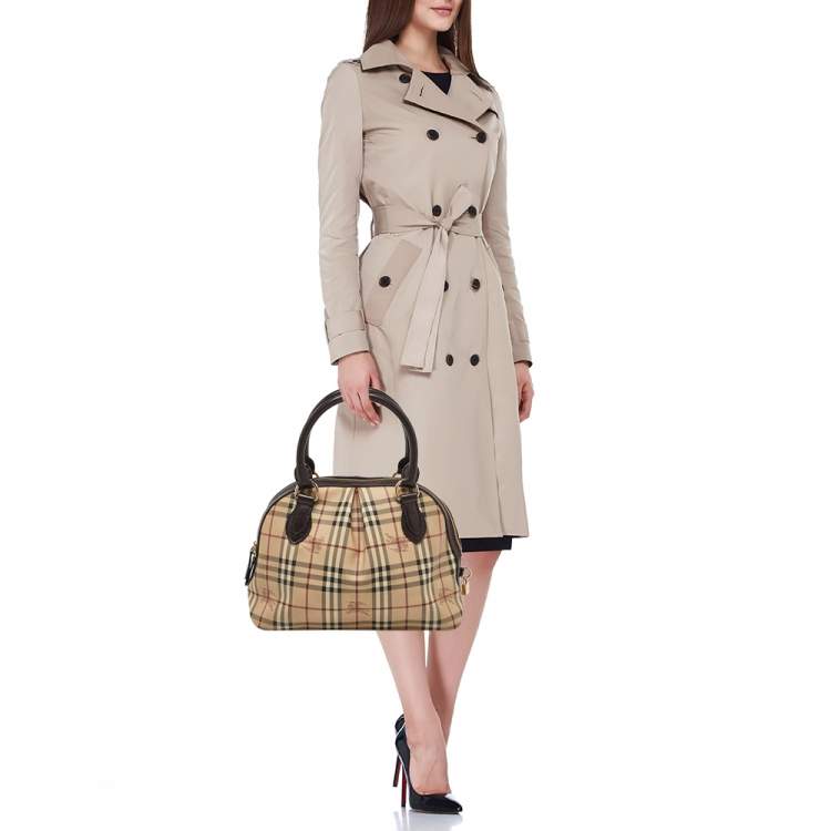 Pre Owned Burberry Beige/Brown Haymarket Check PVC and Leather Thornley Satchel