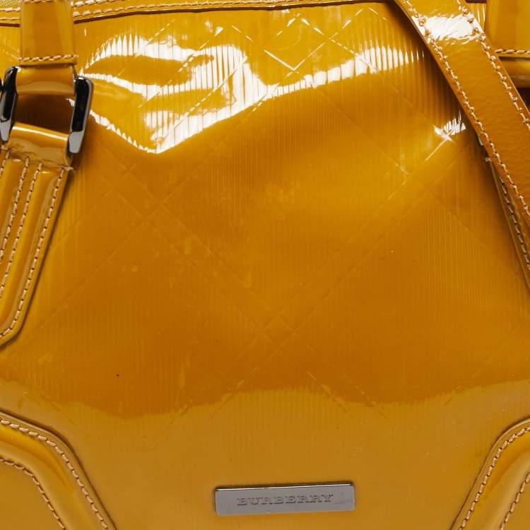 Pre Owned Burberry Mustard Patent Leather Top Zip Tote