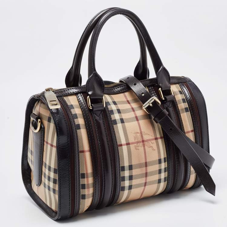 Pre Owned Burberry Black/Beige Haymarket Coated Canvas and Leather Alchester Bowler Bag