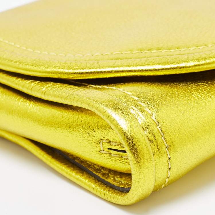 Pre Owned Burberry Metallic Yellow Leather Mayfield Flap Clutch