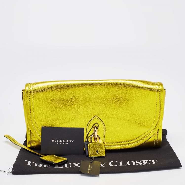 Pre Owned Burberry Metallic Yellow Leather Mayfield Flap Clutch