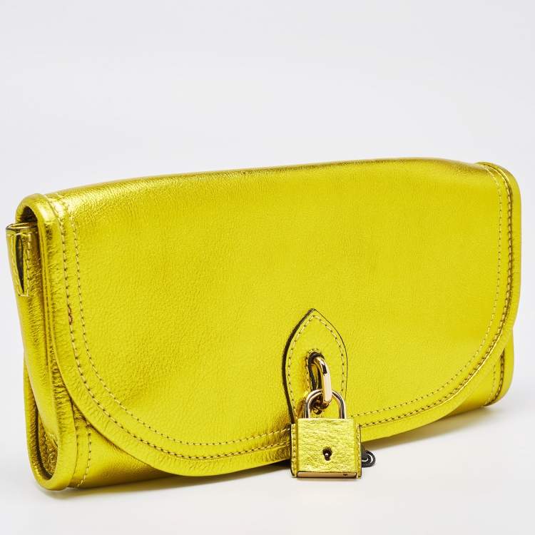 Pre Owned Burberry Metallic Yellow Leather Mayfield Flap Clutch