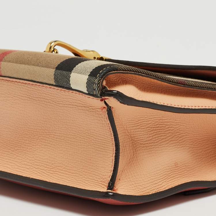 Pre Owned Burberry Pink/Beige House Check Canvas and Leather Macken Shoulder Bag