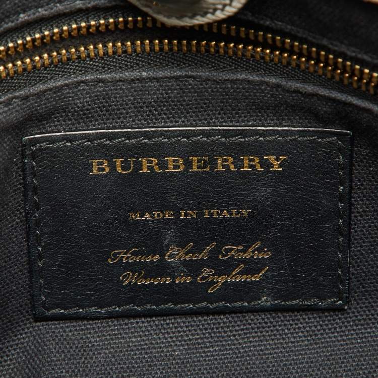 Pre Owned Burberry Grey/Beige Leather and House Check Fabric Small Banner Tote