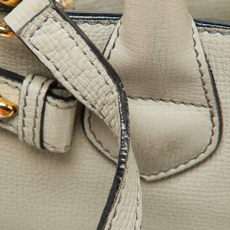 Pre Owned Burberry Grey/Beige Leather and House Check Fabric Small Banner Tote