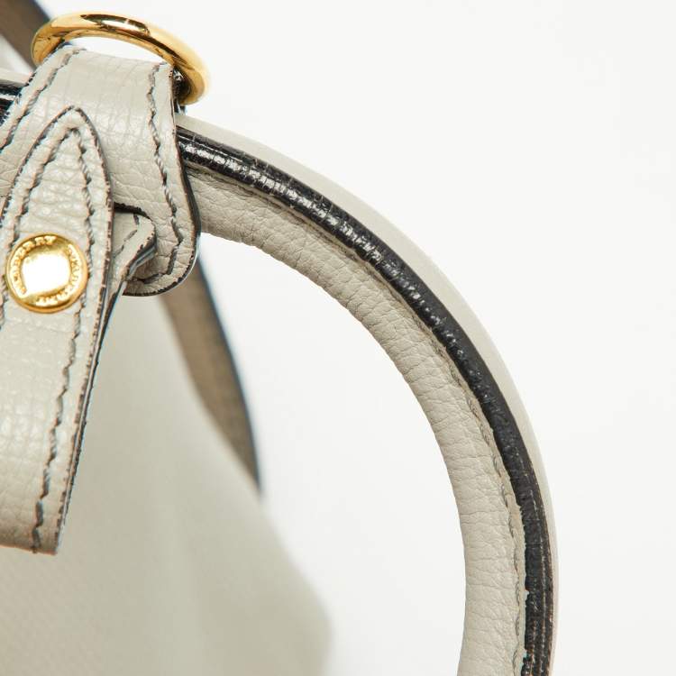 Pre Owned Burberry Grey/Beige Leather and House Check Fabric Small Banner Tote