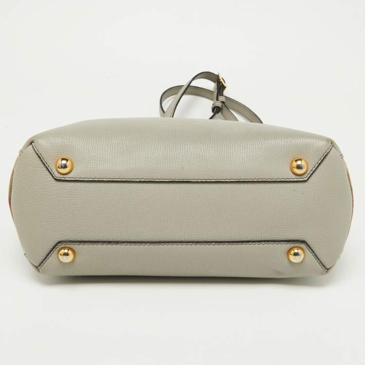 Pre Owned Burberry Grey/Beige Leather and House Check Fabric Small Banner Tote