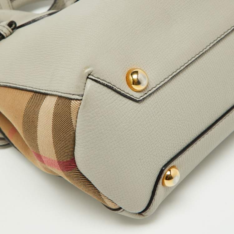 Pre Owned Burberry Grey/Beige Leather and House Check Fabric Small Banner Tote